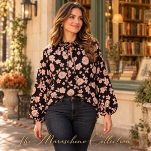 SanctuaryBlack Blush Floral Boho Romantic Balloon Sleeve Peasant Blouse XL